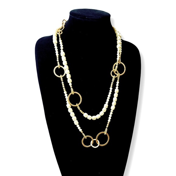 CHICO’s Hammered Gold & Pearl Versatile Opera Length Station Necklace | NWT - Picture 1 of 7
